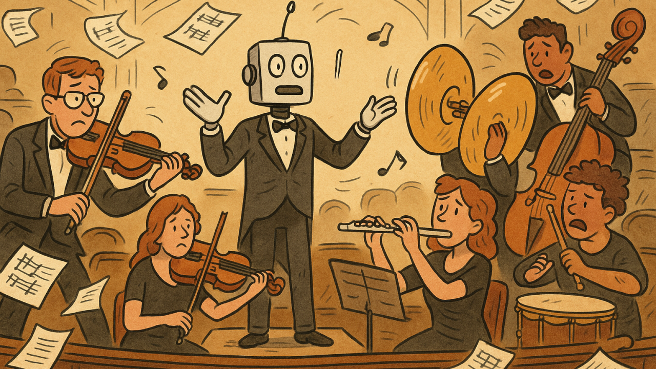 Illustrated robot conductor leading a chaotic orchestra