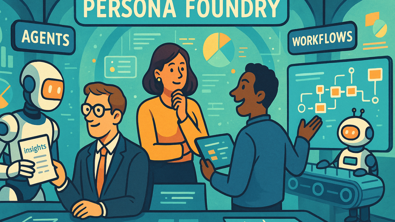 Illustrated collaborative workshop showing people, agents and workflows in a foundry setting