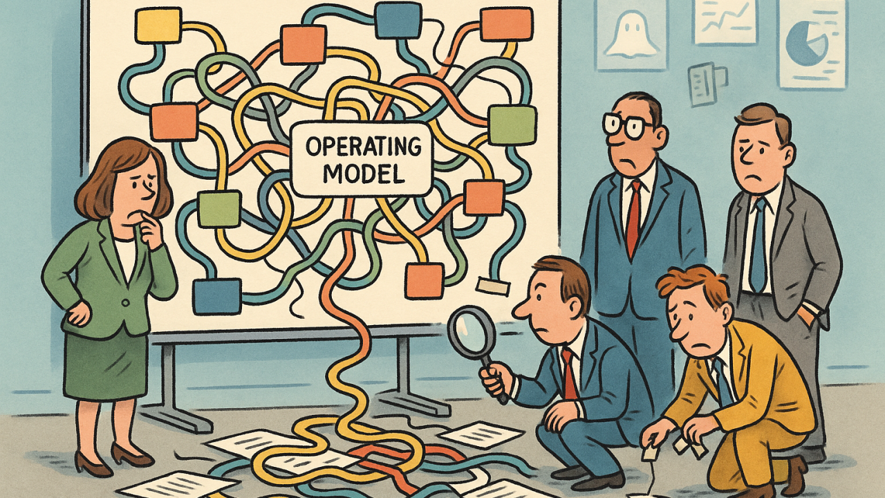 Illustrated team examining a tangled operating model diagram