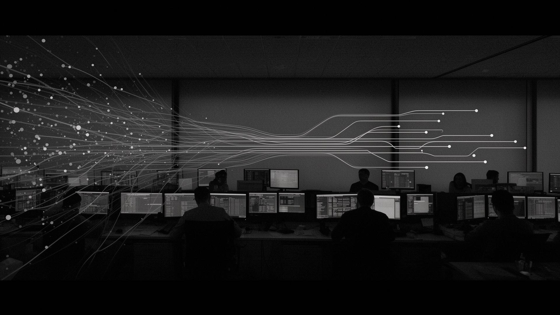 Operational command centre: many faint signals on the left converging into a smaller number of deliberate pathways on the right, with human operators at workstations.