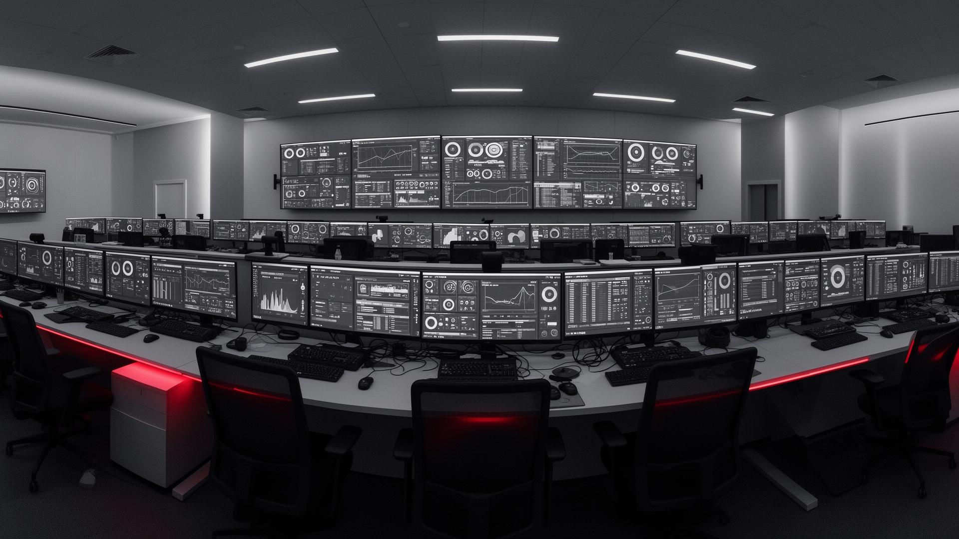 Monochrome operational command centre showing multiple workstations with dashboards and data visualisations.