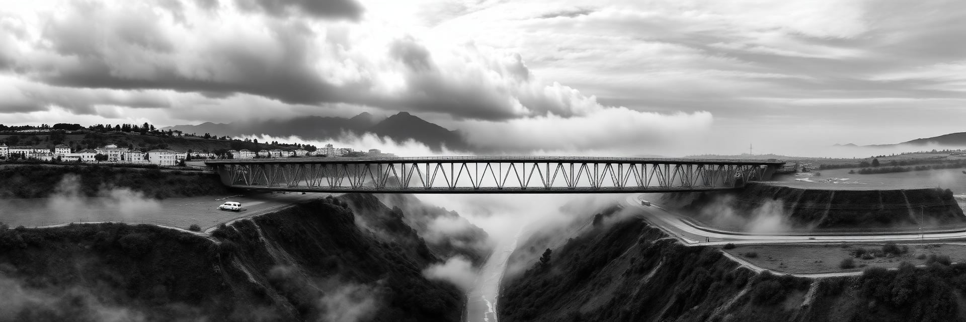 Monochrome aerial view of a modern bridge spanning between two distinct worlds.