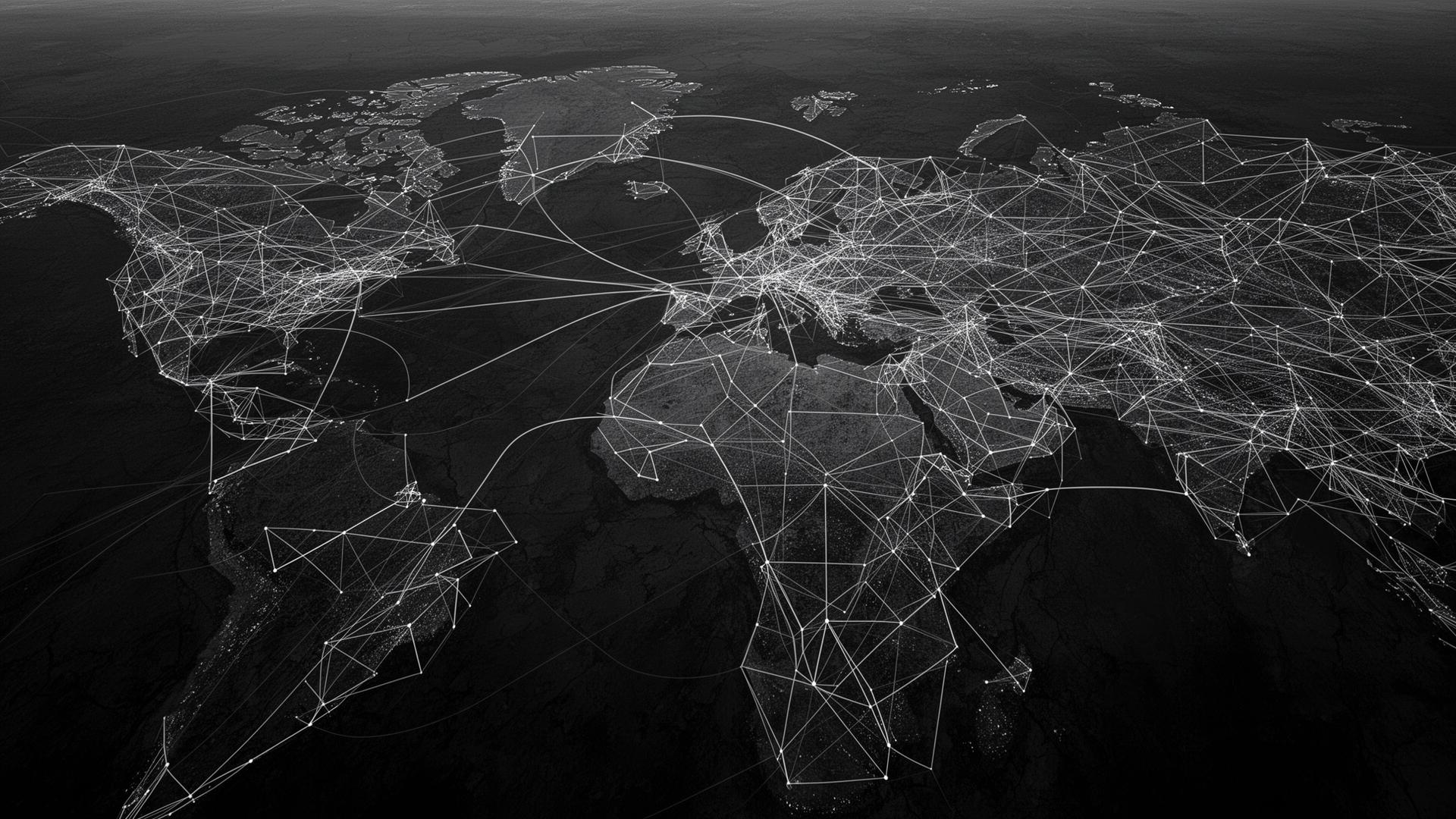 Monochrome aerial view of an abstract network of interconnected nodes spanning across borders.